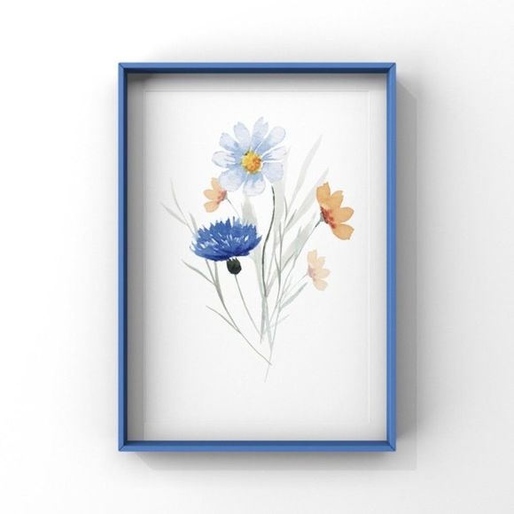 Set of 3 Blue Tan Wildflowers Minimalist Watercolor Digital Art Prints - Picture 4 of 7